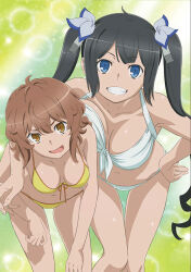 2girls arm_on_another&#039;s_shoulder bikini black_hair blue_eyes blue_ribbon blush breast_press breasts brown_eyes brown_hair clenched_teeth dungeon_ni_deai_wo_motomeru_no_wa_machigatteiru_darou_ka grin hair_ribbon hand_on_own_hip hestia_(danmachi) highres large_breasts leaning_forward liliruca_arde long_hair multiple_girls navel open_mouth ribbon short_hair sidelocks small_breasts smile swimsuit teeth twintails white_bikini yellow_bikini
