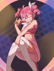 Rule 34 | 1girl, @ @, ahoge, artist name, bare shoulders, bike shorts under skirt, black eyes, commentary, drill hair, english commentary, foot out of frame, heckmelon, high heels, highres, holding, holding microphone, invisible chair, kasane teto, microphone, midriff, navel, one eye closed, pink hair, pink shirt, pink shoes, pink shorts, pink skirt, shirt, shoes, shorts, sitting, skirt, smile, solo, spoken for (synthesizer v), synthesizer v, thighhighs, twin drills, upskirt, utau, white thighhighs