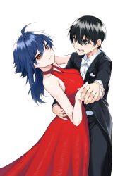 1boy 1girl absurdres ahoge arm_around_waist bare_arms bare_shoulders black_eyes black_hair black_jacket black_pants blue_hair bow bowtie breasts collared_shirt commentary_request cowboy_shot dancing dress highres holding_hands jacket large_breasts long_hair long_sleeves open_mouth orange_eyes original pants parted_lips red_dress shirt short_hair simple_background sleeveless sleeveless_dress smile tanao_anata teeth waltz_(dance) white_background white_bow white_bowtie white_shirt
