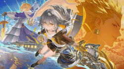 Rule 34 | 1boy, 2girls, absurdres, ahoge, armor, armored dress, artoria pendragon (fate), astral express (honkai: star rail), black boots, black gloves, black jacket, black skirt, blonde hair, blue dress, boots, bra strap, braid, braided bun, cape, chalice, closed mouth, commentary request, crossover, crown, cup, dress, earrings, excalibur (fate/stay night), fate/stay night, fate (series), floating cape, floating hair, fur-trimmed cape, fur trim, gilgamesh (fate), gloves, green eyes, grey hair, hair bun, hair ribbon, hands on hilt, hat, highres, honkai: star rail, honkai (series), jacket, jewelry, long hair, looking at viewer, multiple girls, parted lips, planted, planted sword, planted weapon, red eyes, ribbon, saber (fate), shirt, short hair, skirt, stelle (honkai: star rail), sword, thigh strap, trailblazer&#039;s hat (honkai: star rail), trailblazer (honkai: star rail), train, unworn crown, unworn hat, unworn headwear, weapon, white shirt, yeyiye (2954504619)