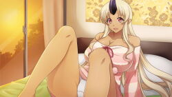 1girl artist_request bare_shoulders blonde_hair breasts cleavage clothes_lift dark-skinned_female dark_skin dress dress_lift fang game_cg horns huge_breasts indoors long_hair looking_at_viewer monster_musume_no_iru_nichijou monster_musume_no_iru_nichijou_online off-shoulder_sweater off_shoulder official_art on_bed open_mouth panties pink_sweater pointy_ears red_eyes single_horn sitting solo striped_clothes striped_sweater sweater sweater_dress tionishia underwear white_panties