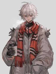 Rule 34 | 1boy, absurdres, alternate costume, black gloves, black shirt, blue eyes, chinese commentary, commentary request, contemporary, cowboy shot, cup, disposable coffee cup, disposable cup, double-parted bangs, gloves, granblue fantasy, grey background, grey jacket, hair between eyes, hand in pocket, highres, holding, holding cup, jacket, long sleeves, looking at viewer, lucilius (granblue fantasy), male focus, open mouth, red scarf, scarf, shirt, simple background, solo, turtleneck, udgg093577, white hair