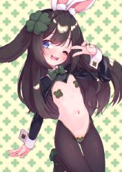 1girl ;d animal_ears black_hair black_pantyhose black_shrug blue_eyes clover_hair_ornament clover_pasties crotchless crotchless_pantyhose flat_chest frontless_outfit green_nails hair_ornament indie_virtual_youtuber kiirokuma kiyomi_pyon-pyon loli long_hair lop_rabbit_ears maebari meme_attire navel one_eye_closed open_mouth pantyhose rabbit_ears reverse_bunnysuit reverse_outfit shrug_(clothing) smile solo v virtual_youtuber wrist_cuffs