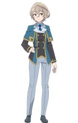 1girl black_necktie black_shoes blue_capelet blue_jacket blue_shirt buttons capelet closed_mouth collared_shirt double-breasted frown full_body genjitsu_no_yohane grey_hair grey_pants hand_on_own_hip highres jacket kohaku_(genjitsu_no_yohane) long_sleeves love_live! love_live!_sunshine!! necktie official_art orange_eyes pants shirt shoes short_hair simple_background solo split_mouth standing tachi-e transparent_background