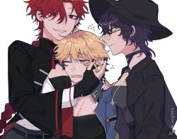 3girls azg905 black_choker black_hair black_hat black_jacket black_pants black_shirt black_shrug blonde_hair blue_jacket blush braid braided_ponytail breasts chinese_clothes choker cleavage cleavage_cutout closed_mouth clothing_cutout earrings eyebrow_piercing face_to_breasts fang flying_sweatdrops genderswap genderswap_(mtf) girl_sandwich glasses hand_on_another&#039;s_face hat hug jacket jewelry large_breasts liu_xiao long_hair looking_at_another medium_hair multicolored_hair multiple_girls nail_polish necklace one_eye_closed open_mouth pants piercing profile purple_eyes purple_hair red_eyes red_hair red_nails sandwiched shiguang_dailiren shirt shrug_(clothing) simple_background single_braid sleeves_past_wrists smile sweat twitter_username watermark white_background white_shirt xia_fei xiao_weiying yellow_eyes yuri