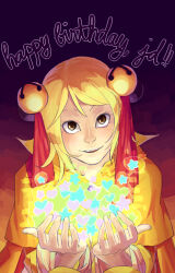 1girl bell brown_capelet capelet commentary english_commentary hair_bell hair_ornament happy_birthday jingle_bell looking_at_viewer mage_(ragnarok_online) memoryjoule open_mouth ragnarok_online short_hair smile solo upper_body yellow_eyes