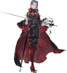 Rule 34 | 1girl, absurdres, armor, asymmetrical bangs, black cape, black dress, boots, cape, dress, gloves, grey eyes, grey hair, hair between eyes, high heel boots, high heels, highres, holding, holding sword, holding weapon, knee guards, long hair, long hair between eyes, non-web source, official art, pauldrons, red boots, red cape, red lips, safiyyah (sword of convallaria), scabbard, sheath, shoulder armor, solo, sword, sword of convallaria, two-tone cape, weapon, white gloves