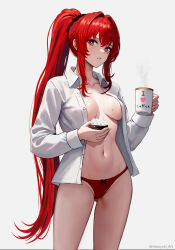 1girl coffee haruyuki_(karem) highres panties ponytail punishing:_gray_raven red_eyes red_hair shirt underwear vera:_garnet_(pgr) vera_(pgr) white_shirt