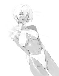 Rule 34 | 1girl, arms behind back, artist name, bikini, breasts, commentary, dutch angle, elena (street fighter), greyscale, hair between eyes, highleg, highleg bikini, highres, monochrome, navel, olys, parted lips, short hair, solo, street fighter, swimsuit, twitter username