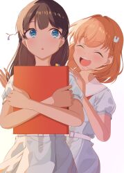 2girls :d :o ^_^ absurdres black_hair blue_eyes blush book bookmark closed_eyes commentary cowboy_shot crossed_arms dress facing_another grey_dress hair_ornament half_updo hasu_no_sora_school_uniform highres hinoshita_kaho holding holding_book link!_like!_love_live! long_hair looking_at_another love_live! medium_hair morio_(mmorio_mu) multiple_girls murano_sayaka neckerchief open_mouth orange_hair parted_lips pleated_dress puffy_short_sleeves puffy_sleeves rabbit_hair_ornament red_neckerchief sailor_collar sailor_dress school_uniform short_sleeves sidelighting simple_background smile summer_uniform teeth two_side_up upper_teeth_only virtual_youtuber white_background white_sailor_collar