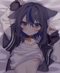 Rule 34 | 1girl, absurdres, animal ears, asano yoru, asano yoru (artist), breasts, clothes lift, disembodied hand, ears down, fox ears, fox girl, held down, hexagram, highres, holding another&#039;s wrist, hood, hood down, hooded jacket, indie virtual youtuber, jacket, layered sleeves, long sleeves, looking at viewer, multicolored hair, no bra, open clothes, open jacket, pov, purple eyes, purple hair, restrained, short hair, short over long sleeves, short sleeves, small breasts, stomach, streaked hair, sweatdrop, sweater, sweater lift, two-tone hair