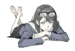 1girl barefoot black_hair black_skirt blue_shirt commentary crossed_ankles dirty dirty_feet eizouken_ni_wa_te_wo_dasu_na! english_commentary eyewear_on_head feet feet_out_of_frame feet_up freckles full_body glasses grey_eyes kanamori_sayaka long_hair long_sleeves looking_at_viewer lying on_stomach parted_lips pleated_skirt randomscribblas sailor_collar school_uniform shibahama_high_school_uniform shirt simple_background sketch skirt soles solo the_pose toes white_background