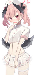 1girl absurdres black_wings blue_archive blush commentary crop_top feathered_wings fishnet_thighhighs fishnets flying_sweatdrops halo hanasaki_rin hat head_wings highres koharu_(blue_archive) medium_hair miniskirt nurse_cap open_mouth pink_eyes pink_hair pink_halo pleated_skirt shirt short_sleeves simple_background single_thighhigh skirt solo thighhighs twintails white_background white_shirt white_skirt white_thighhighs wings