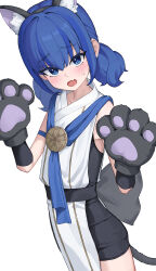 Rule 34 | 1girl, absurdres, aged down, animal ears, animal hands, blue eyes, blue hair, blush, cat ears, cat tail, duel monster, fake animal ears, fake tail, gloves, highres, iom kd37150, japanese clothes, ni-ni the mirror mikanko, open mouth, paw gloves, solo, tail, twintails, yu-gi-oh!