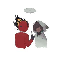 ... 1boy 1girl black_gloves black_shirt coat collared_shirt dante_(limbus_company) dark-skinned_female dark_skin e.g.o_(project_moon) faceless faceless_female gloves highres holding limbus_company long_sleeves outis_(project_moon) project_moon red_coat shirt short_hair simple_background sunshower_(e.g.o) sweat white_background white_hood yippee