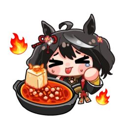 Rule 34 | &gt; &lt;, 1girl, ahoge, animal ears, black hair, black sleeves, blush stickers, chibi, closed eyes, closed mouth, commentary request, cropped torso, detached sleeves, fire, food, grey hair, horse ears, kitasan black (umamusume), long sleeves, moko39 takasora, multicolored hair, solo, spicy, streaked hair, sweat, tears, tongue, tongue out, two side up, umamusume, upper body, yellow sleeves