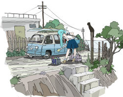 2girls aoi_zero bag bottle branch car cat door electricity_pole fence guitar hatsune_miku highres instrument leaning_forward miniskirt minivan motor_vehicle multiple_girls outdoors road school_uniform serafuku skirt slice_of_life stairs surfboard tree vehicle_focus vocaloid
