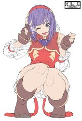 1girl asamiya_athena boots breasts brokensouthpaw caiman_(artist) curvy dress female_focus gloves headband large_breasts leather looking_at_viewer one_eye_closed open_mouth pale_skin purple_eyes purple_hair short_hair shorts skirt smile smiley_face squatting star_(symbol) the_king_of_fighters thick_thighs thighs wink