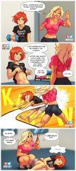 2girls absurdres ass blonde_hair breasts english_text female_focus green_eyes highres huge_ass large_breasts long_hair multiple_girls muscular muscular_female nortuet original red_hair revealing_clothes simple_background small_breasts