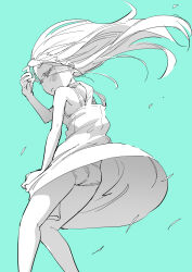 Rule 34 | 1girl, aqua background, ass, blush, clothes lift, dress, dress lift, floating hair, green background, highres, konchiki, long hair, looking back, monochrome, original, panties, simple background, sleeveless, solo, standing, sundress, underwear, wind, wind lift