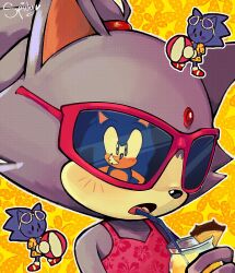 1boy 1girl :o animal_ears animal_nose blaze_the_cat blue_fur cat_ears cat_girl chibi chibi_inset cup food forehead_jewel fruit furry furry_female furry_male hedgehog_boy highres holding holding_cup looking_at_viewer open_mouth pineapple pineapple_slice pink-framed_eyewear pink_tank_top purple_fur simple_background sonic_(series) sonic_the_hedgehog sonic_the_hedgehog_(summer) spidercheetos tank_top yellow_background