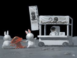 4others alien artist_logo astronaut black_sky fmu food_stand helmet logo moon_rabbit multiple_others on_moon original rabbit rock sign sky space_helmet spacesuit tentacles wheel yatai