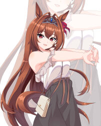 1girl absurdres animal_ears bag black_skirt blue_gemstone brown_hair casual daiwa_scarlet_(umamusume) fang gem hair_intakes handbag highres horse_ears horse_girl horse_tail long_hair looking_at_viewer maxwelzy off_shoulder parted_lips red_eyes shirt skirt stretching tail tiara umamusume white_shirt zoom_layer