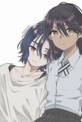 1boy 1girl artist_name blue_hair collared_shirt colored_inner_hair commentary_request gundam gundam_gquuuuuux leaning_on_person long_hair looking_at_viewer lower_eyelashes_only momoshny multicolored_hair nyaan_(gundam_gquuuuuux) purple_hair red_eyes school_uniform shirt short_hair shuji_ito simple_background twitter_username two-tone_hair upper_body white_background white_shirt yellow_eyes