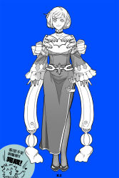1girl blue_background cardinal_(ragnarok_online) chinese_commentary chinese_text choker cleavage_cutout closed_mouth clothing_cutout commentary_request cross cross_choker dress fake_wings frilled_sleeves frills full_body greyscale_with_colored_background long_sleeves looking_at_viewer pantyhose ragnarok_online shoes short_hair simple_background smile solo standing two-tone_dress wings z.i