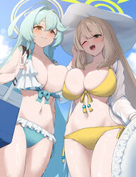 2girls ahoge alternate_costume bag bikini blonde_hair blue_archive blue_bikini blue_hair blush braid breasts cleavage cleavage_cutout closed_mouth clothing_cutout cloud collarbone day green_eyes hair_between_eyes halo hat highres holding holding_bag huge_breasts long_hair mechasoul multiple_girls navel nonomi_(blue_archive) open_mouth outdoors shirt side-tie sidelocks sky smile sun swimsuit thighs through white_shirt yellow_bikini yellow_eyes yume_(blue_archive)