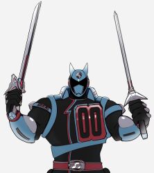 Rule 34 | 1boy, 96 gatefield, belt, belt buckle, black bodysuit, blue helmet, bodysuit, broad shoulders, buckle, dog boy, doggie kruger, dual wielding, helmet, highres, holding, holding sword, holding weapon, muscular, muscular male, red belt, simple background, super sentai, sword, tokusou sentai dekaranger, weapon, white background