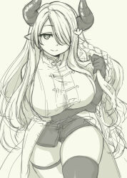 1girl braid breasts commentary_request cowboy_shot demon_girl demon_horns elbow_gloves gloves granblue_fantasy greyscale hair_over_one_eye heart heart-shaped_pupils holding holding_own_hair horns large_breasts looking_at_viewer monochrome narmaya_(granblue_fantasy) one_eye_covered pas_(paxiti) pointy_ears side_braid single_braid single_thighhigh sketch skindentation smile solo symbol-shaped_pupils thigh_strap thighhighs