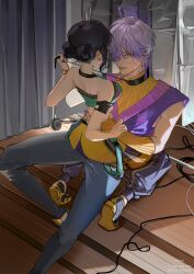 Rule 34 | 1boy, 1girl, arm pouch, artist name, black hair, body markings, bracelet, commentary request, double bun, earrings, hair bun, highres, holding, holding leash, hyu49925, jewelry, kpop demon hunters, leash, mystery (kpop demon hunter), pants, purple hair, sidelocks, sleeveless, turtleneck, yellow arm warmers, zoey (kpop demon hunters)