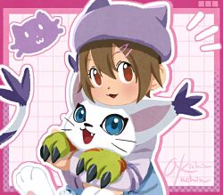 Rule 34 | 1girl, :d, aioka (aichiu kuchiu), animal print, artist name, brown eyes, brown hair, cat print, digimon, digimon (creature), digimon adventure: (2020), fang, grey jacket, hair between eyes, hat, jacket, notice lines, open mouth, purple hat, short hair, smile, tailmon, upper body, white background, yagami hikari