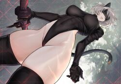 1girl 2b_(nier:automata) animal_ears black_blindfold black_gloves black_hairband black_leotard black_thighhighs blindfold boots breasts cat_ears cat_girl cat_tail covered_eyes elbow_gloves gabriel_carrasquillo gloves hairband highleg highleg_leotard holding holding_sword holding_weapon juliet_sleeves katana large_breasts leotard long_sleeves looking_at_viewer medium_breasts mole mole_under_mouth nier nier:automata nier_(series) parted_lips puffy_sleeves short_hair solo sword tail thigh_boots thighhighs thighs thong_leotard weapon white_hair