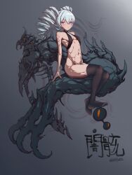1girl :o bare_arms bare_shoulders bikini black_bikini black_thighhighs blue_eyes blue_hair breasts character_request chinese_text drill_hair expressionless eyelashes full_body grey_background hair_between_eyes hashtag-only_commentary highres honkai_(series) honkai_impact_3rd light_blush liza23rd long_hair monster parted_lips petite simple_background small_breasts solo stomach swimsuit thighhighs translation_request twin_drills twintails
