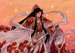 1boy absurdres armor belt black_hair breastplate bug butterfly butterfly_hair_ornament butterfly_ornament chinese_armor chinese_clothes closed_mouth commentary earrings falling_petals floral_print flower fmd glowing_butterfly gold_trim hair_bun hair_ornament hanfu highres holding holding_sword holding_weapon huadian insect jade_(gemstone) jewelry long_hair long_sleeves male_focus orange_background ornate_armor ornate_clothes outdoors parted_bangs petals pink_background pink_petals red_flower ribbon robe sheath shoulder_armor single_hair_bun smile solo sparkle string string_around_finger string_of_fate sword sword_tassel symbol-only_commentary tassel tianguan_cifu unsheathing very_long_hair weapon white_butterfly white_hanfu white_robe wide_sleeves xiao_guan_(headdress) xie_lian