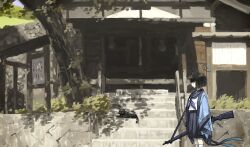 Rule 34 | 1girl, animal, animal ears, architecture, arisaka, black cat, black hair, blue archive, blue halo, blue haori, blue neckerchief, bolt action, cat, cat ears, cat girl, cat tail, commentary, day, desuyone0502, east asian architecture, from side, grass, gun, halo, haori, highres, japanese clothes, kikyou (blue archive), multiple tails, neckerchief, outdoors, pleated skirt, rifle, sailor collar, scenery, school uniform, serafuku, short hair, skirt, solo, stairs, symbol-only commentary, tail, temple, tree, two tails, weapon