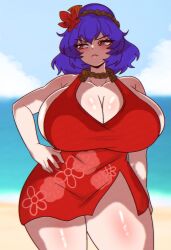 1girl autumn_leaves beach blue_hair blue_sky blurry blurry_background breasts bursting_breasts cleavage cloud cloudy_sky curvy dress female_focus floral_print floral_print_dress hair_ornament leaf mature_female ocean print_dress red_dress revealing_clothes rope sand seireiart sky solo solo_focus thick_thighs thighs touhou wide_hips yasaka_kanako