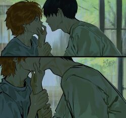 2boys artist_name black_hair french_kiss haikyuu!! hand_on_another&#039;s_arm hand_on_another&#039;s_face highres hinata_shouyou imminent_kiss kageyama_tobio kiss ky_69 looking_at_another male_focus multiple_boys orange_eyes orange_hair rain shirt short_hair upper_body wet wet_clothes wet_hair white_shirt yaoi