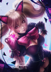 1girl animal_ears artist_name axsen black_cat_d.va black_dress black_gloves black_thighhighs blonde_hair bow bowtie breasts brown_eyes cat_ears cleavage cleavage_cutout closed_mouth clothing_cutout d.va_(overwatch) dress dutch_angle facial_mark female_focus from_above gem gloves glowing heart holding large_breasts lips long_hair looking_up overwatch overwatch_1 pearl_(gemstone) pink_bow puffy_short_sleeves puffy_sleeves short_sleeves signature smile solo standing thighhighs twintails whisker_markings