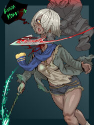 1boy 1girl absurdres axe blood blue_shorts blush boots breasts chinese_commentary commentary commentary_request dark-skinned_female dark_skin decapitation denim denim_shorts ebonyxh english_commentary english_text eyes_visible_through_hair freckles goblin green_background green_jacket guro hair_over_one_eye highres hogwarts_legacy holding holding_wand jacket kneehighs long_sleeves magic midriff noose open_mouth ringed_eyes rope_around_neck scar scar_on_neck sharp_teeth short_hair shorts simple_background small_breasts socks solaria_(ebonyxh) speech_bubble steaming_body sweat teeth very_sweaty wand white_hair wizarding_world yellow_eyes