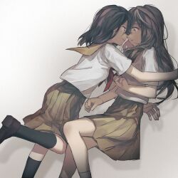 Rule 34 | 2girls, black socks, brown eyes, brown hair, brown sailor collar, brown skirt, closed mouth, commentary, eye contact, inuko (ink0425), long hair, looking at another, multiple girls, neckerchief, noses touching, original, parted lips, purple eyes, red neckerchief, sailor collar, school uniform, serafuku, shirt, short sleeves, skirt, smile, socks, white shirt, yuri