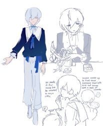 Rule 34 | 2boys, ?, ^ ^, blue eyes, blue ribbon, blue sweater, box, brothers, cellphone, closed eyes, colored eyelashes, commentary, cookie, earrings, eating, elsword, english commentary, english text, facing away, food, full body, gift, gift box, gift wrapping, hair between eyes, harque ebalon, holding, holding food, holding plate, jewelry, long bangs, long sleeves, looking at phone, looking at viewer, male focus, multiple boys, multiple views, neck ribbon, noah ebalon, nyx pieta (elsword), pants, parted lips, partially colored, phone, plate, profile, puritan collar, ribbon, ribbon spool, shirt, short hair, siblings, simple background, single sidelock, sleeping, smartphone, smile, socks, spoken question mark, spoken zzz, standing, straight-on, stud earrings, suaviterra, sweatdrop, sweater, untucked shirt, white background, white hair, white pants, white shirt, white socks, zzz