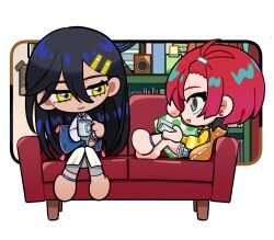 2girls amate_yuzuriha barefoot black_hair blue_eyes book chibi closed_mouth couch cup cushion gundam gundam_gquuuuuux hair_between_eyes hair_ornament hairclip highres holding holding_book holding_cup indoors long_hair mug multiple_girls nyaan_(gundam_gquuuuuux) o-three open_mouth reclining red_hair shirt short_hair shorts sitting yellow_eyes