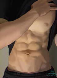 Rule 34 | 1boy, abs, bare pectorals, black pants, black shirt, hand on own chest, head out of frame, highres, large pectorals, male focus, muscular, muscular male, navel, nipples, open clothes, original, pants, pectorals, shirt, short sleeves, solmuk0, solo, sweatpants, upper body