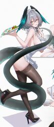 1girl absurdres alternate_costume apron aqua_eyes aqua_nails arknights bare_arms bare_shoulders black_shoes black_thighhighs black_wings breasts commentary_request cropped cup food frilled_apron frills full_body green_wings grey_hair hair_between_eyes head_wings high_heels highres ho&#039;olheyak_(arknights) holding holding_cup holding_tray invisible_floor large_breasts leg_up light_blush long_tail looking_at_viewer maid_headdress medium_hair multicolored_shoes multicolored_wings multiple_views nail_polish naked_apron no_bra no_pants paid_reward_available parted_lips red_shoes shoes sideboob sleeveless solo standing standing_on_one_leg tail thighhighs thighs tray two-tone_shoes two-tone_wings uof white_apron wings