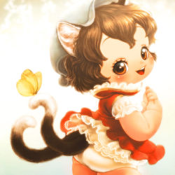 Rule 34 | 1girl, aged down, animal ears, brown hair, bug, butterfly, cat ears, cat tail, chen, clenched hands, female focus, gradient background, hat, insect, looking at viewer, mob cap, multiple tails, open mouth, panties, red eyes, short hair, short sleeves, simple background, skirt, skirt set, solo, souri, tail, touhou, underwear, white panties