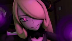 10s 1girl 2others 3d amateurthrowaway animated animated_gif black_coat blonde_hair blurry close-up coat covering_one_eye covering_privates creatures_(company) cynthia_(pokemon) depth_of_field domination dress eye_contact face-to-face female_focus femdom fur_trim game_freak gardevoir gen_3_pokemon gen_4_pokemon glowing glowing_eyes gown green_hair hair_over_one_eye hypnosis hypnotized_hypnotist hypnotizing_viewer indoors long_hair looking_at_another looking_at_viewer looping_animation magic mind_control multiple_others nintendo pink_eyes pokemon pokemon_(creature) pokemon_dppt possessed pov short_hair smile solo_focus source_filmmaker_(medium) standing submission