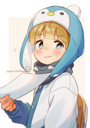 1boy :/ amun_(far_tarooo) blonde_hair blue_eyes blunt_ends blush chair child closed_mouth dot_nose far_tarooo flying_sweatdrops hat highres holding holding_paper long_sleeves looking_to_the_side male_focus nervous original paper penguin_hat pom_pom_(clothes) sideways_glance sitting solo upper_body